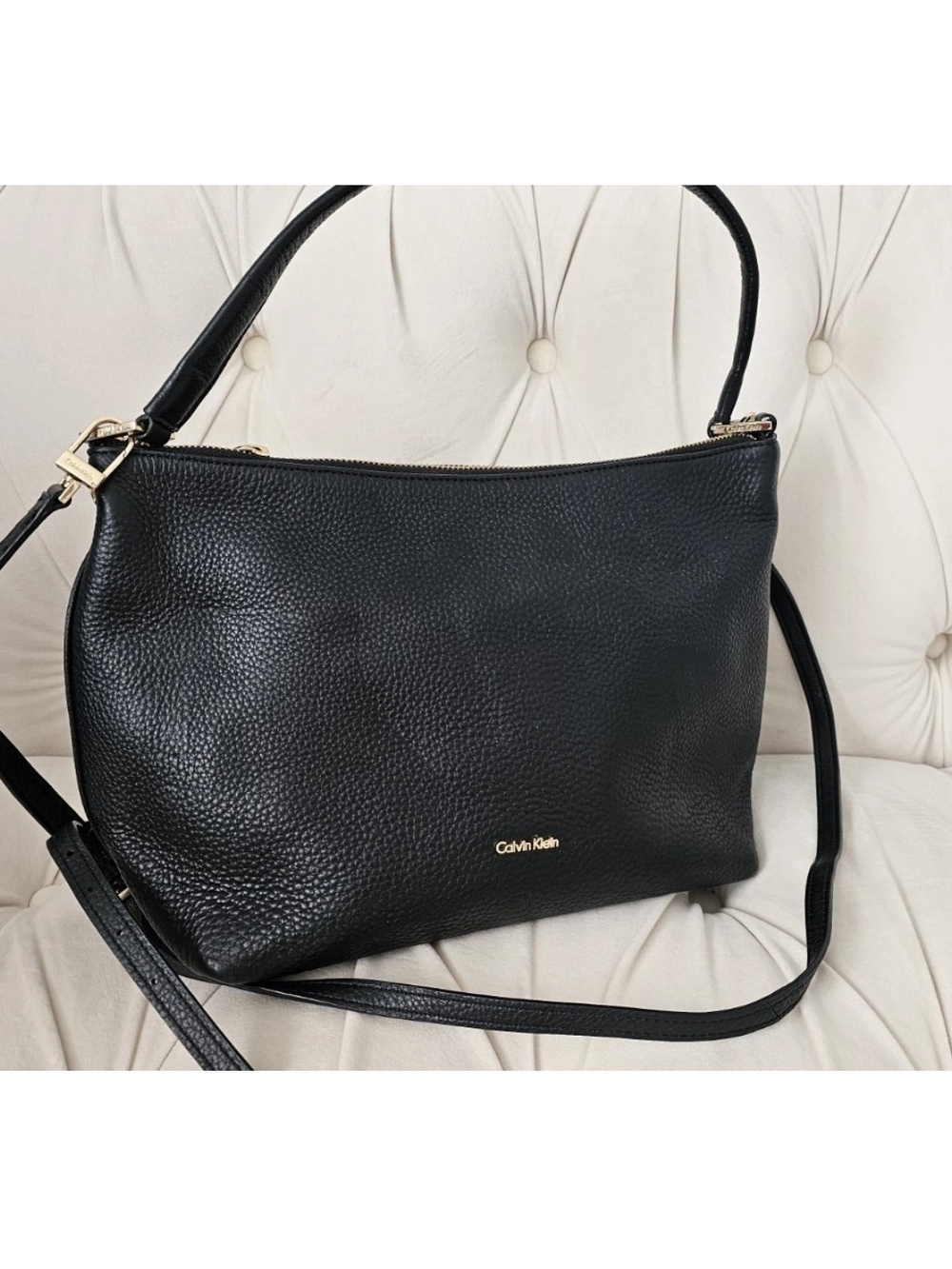 Calvin Klein Black Pebbled Leather Shoulder Bag with Gold Logo